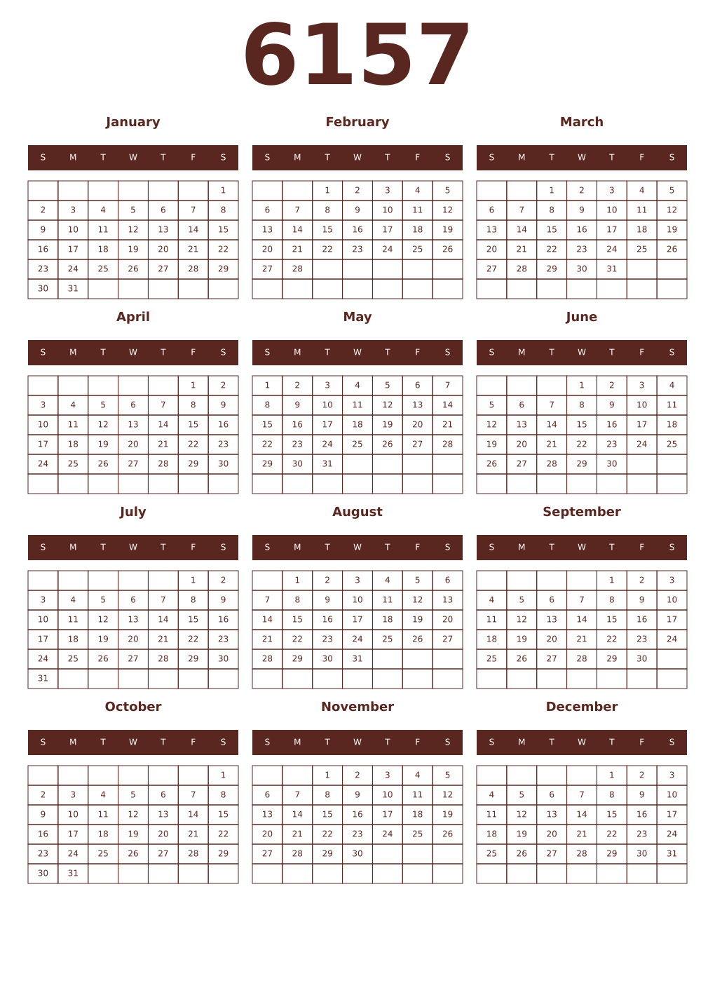 Printable 6157 Year Calendars mortuum