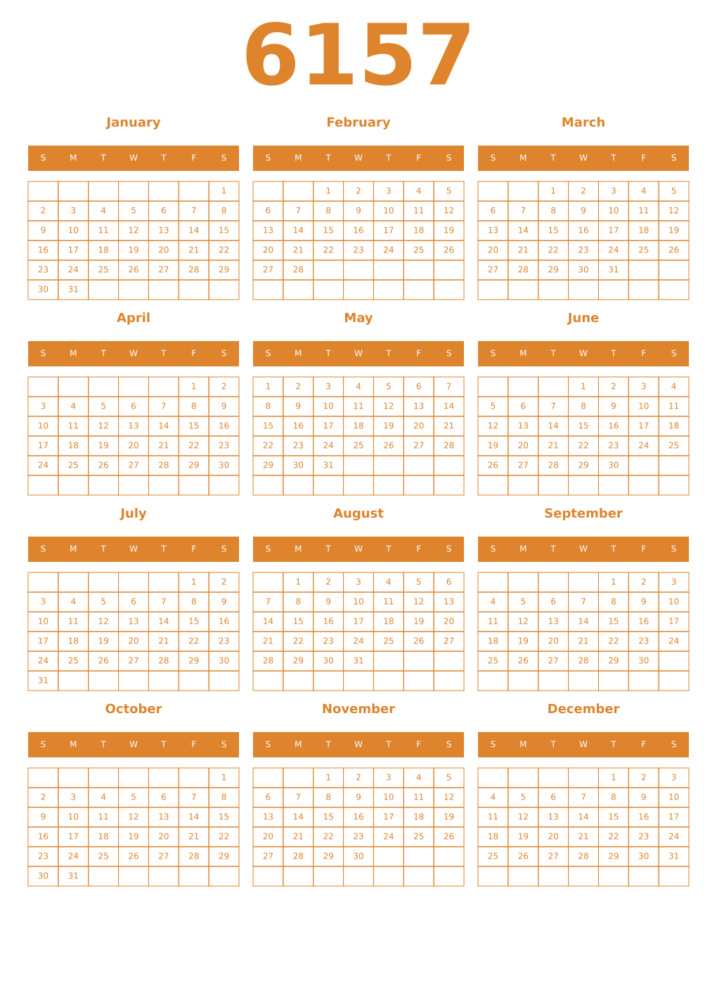 Printable 6157 Year Calendars orange