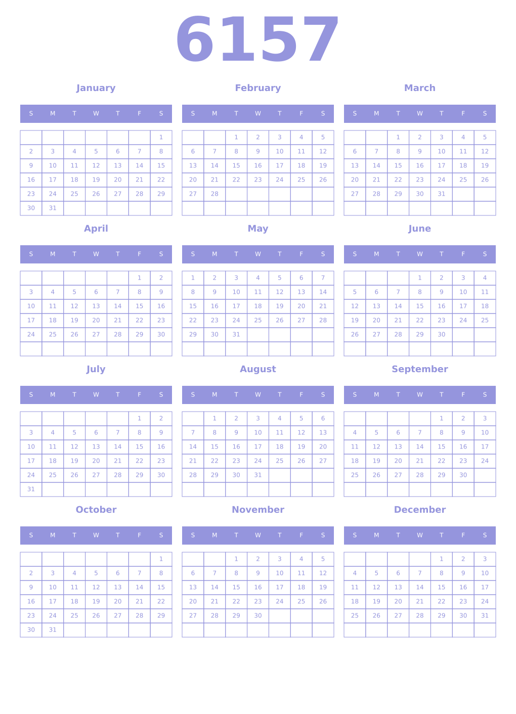 Printable 6157 Year Calendars periwinkle