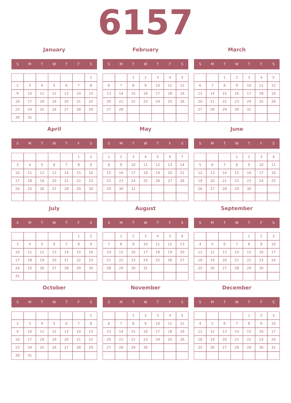 Printable 6157 Year Calendars puce