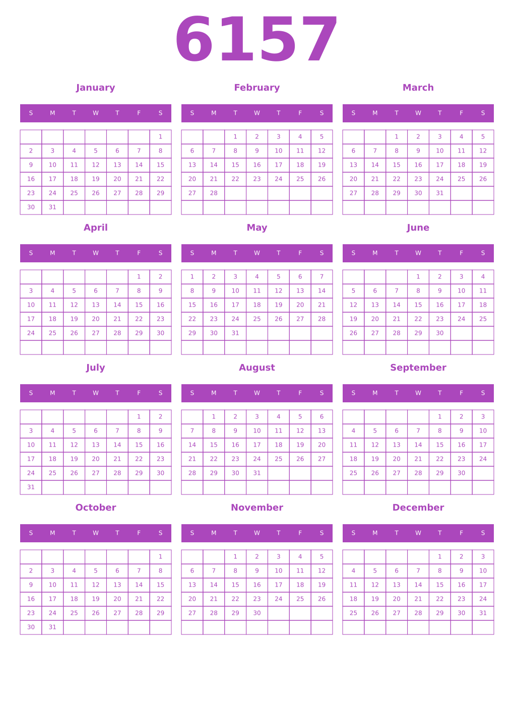Printable 6157 Year Calendars purple