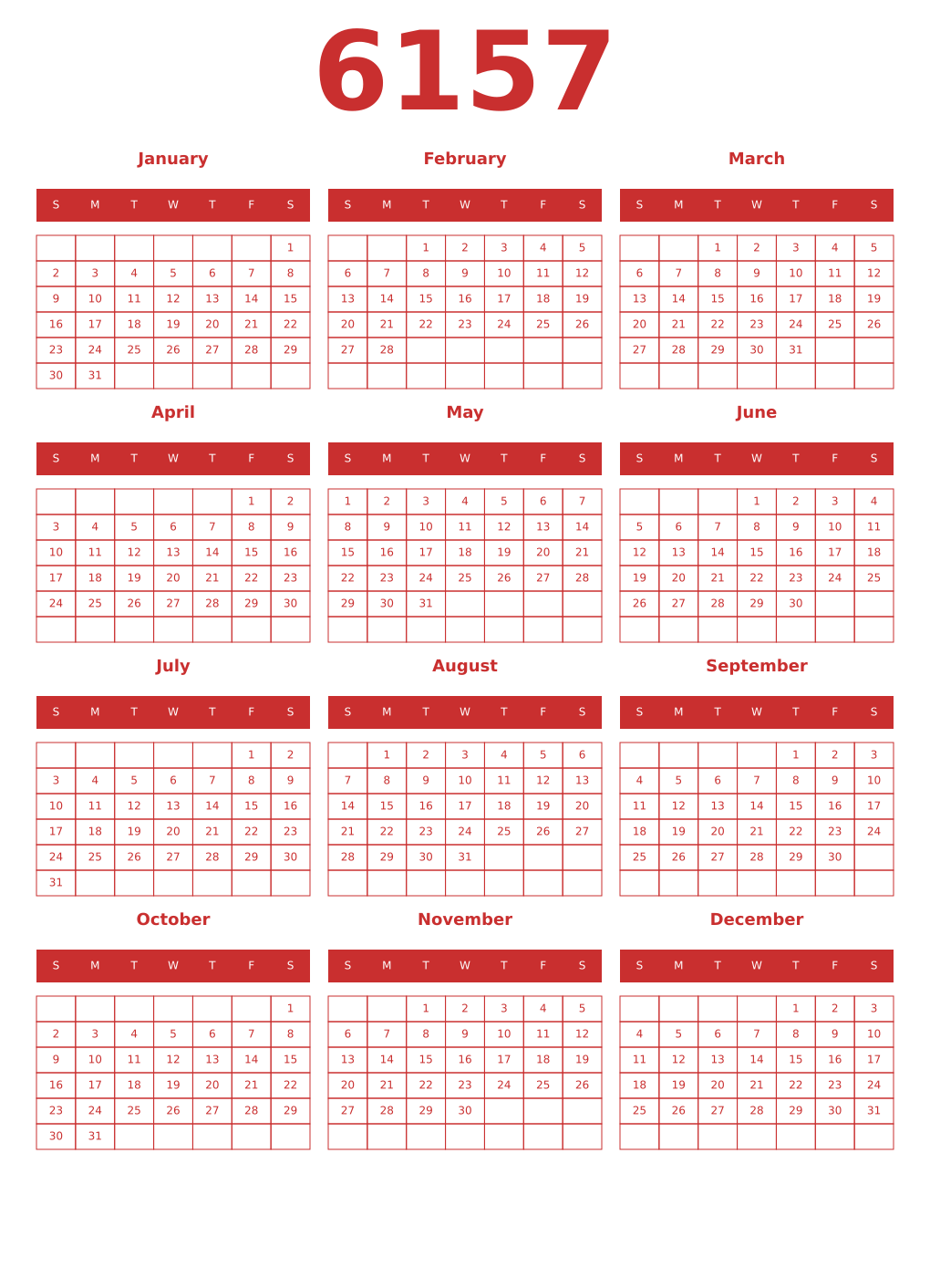 Printable 6157 Year Calendars red