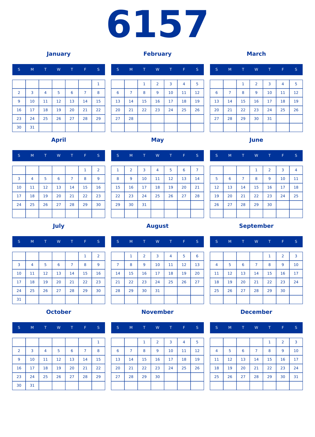 Printable 6157 Year Calendars smalt