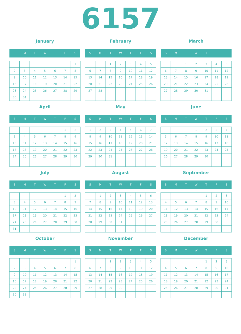 Printable 6157 Year Calendars verdigris