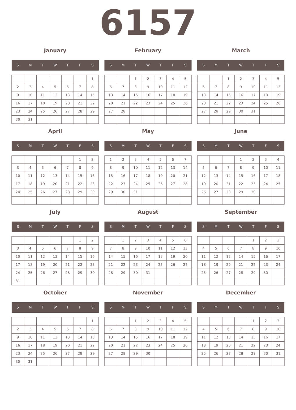 Printable 6157 Year Calendars wenge