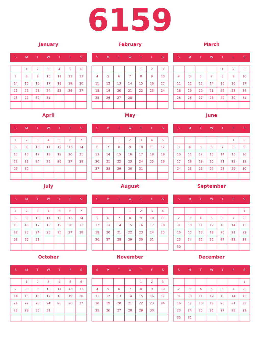Printable 6159 Year Calendars amaranth