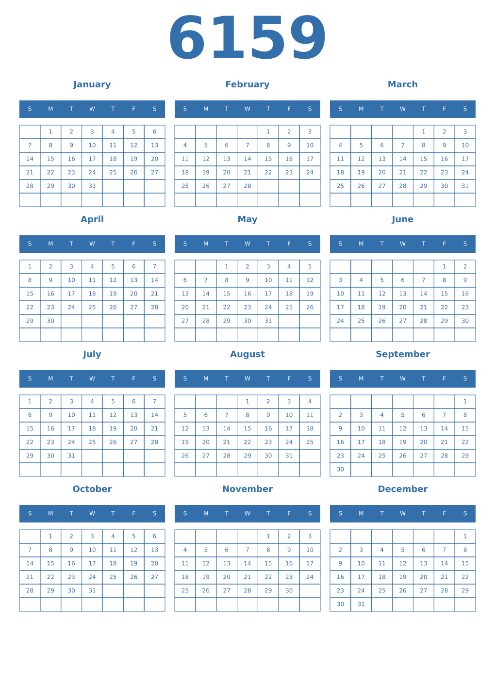 Printable 6159 Year Calendars blue