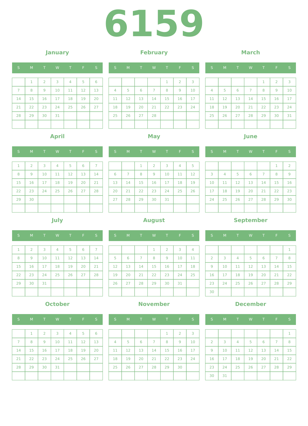 Printable 6159 Year Calendars celadon