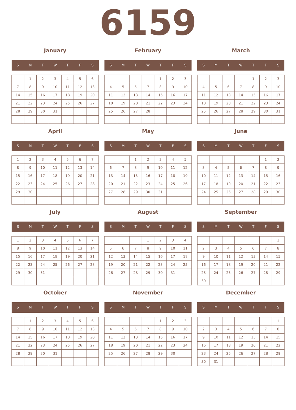 Printable 6159 Year Calendars coffe