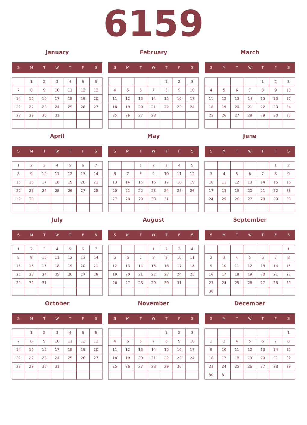 Printable 6159 Year Calendars cordovan