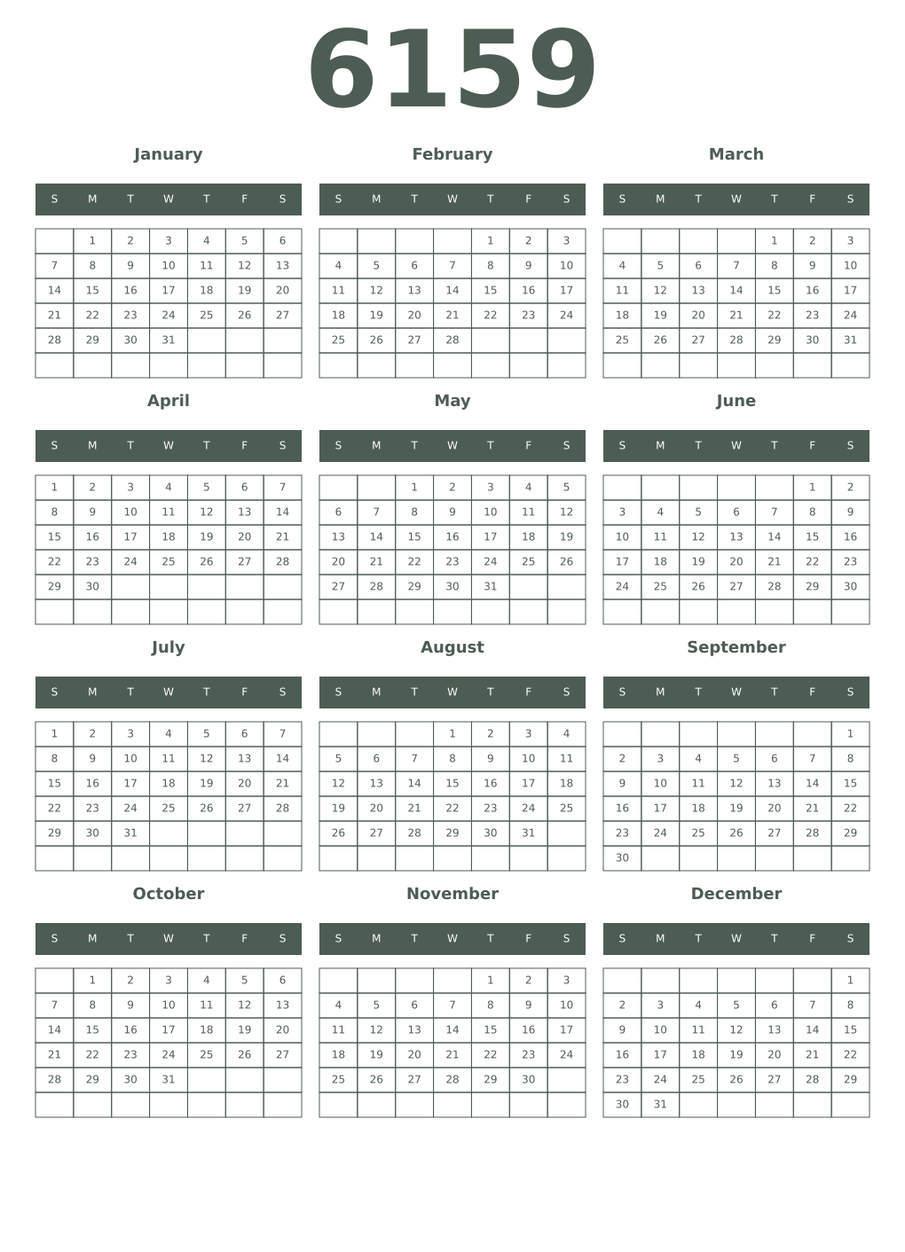Printable 6159 Year Calendars feldgrau