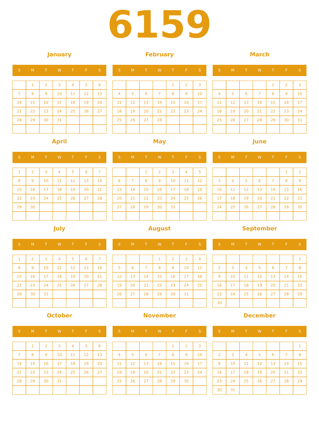 Printable 6159 Year Calendars gamboge