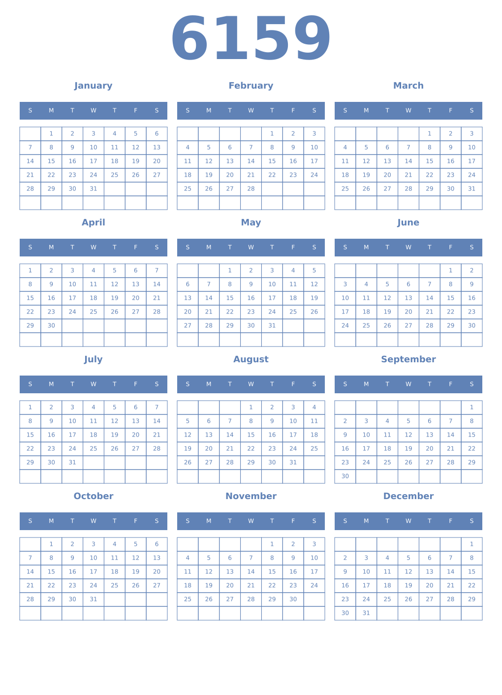 Printable 6159 Year Calendars glaucous