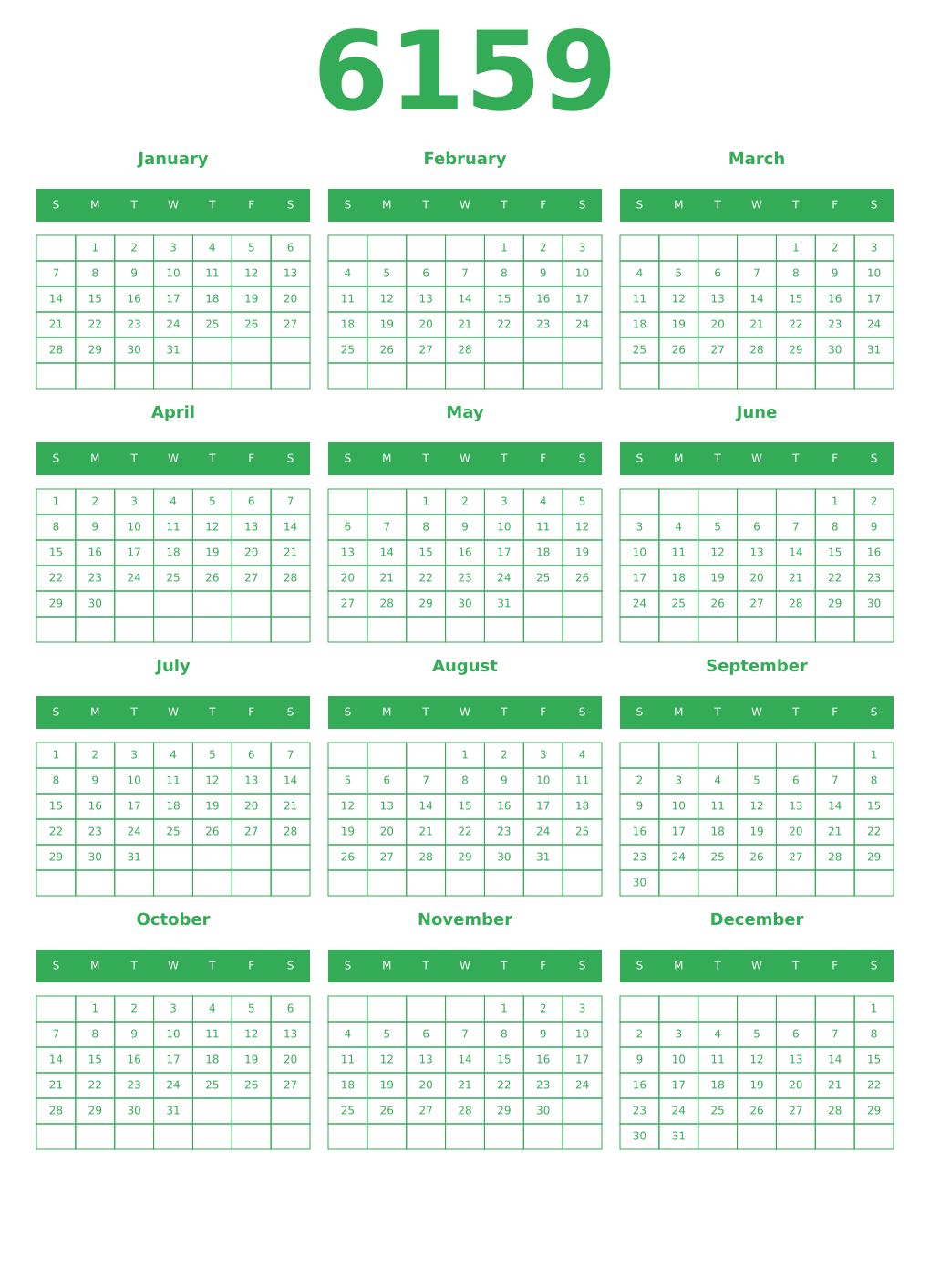 Printable 6159 Year Calendars green