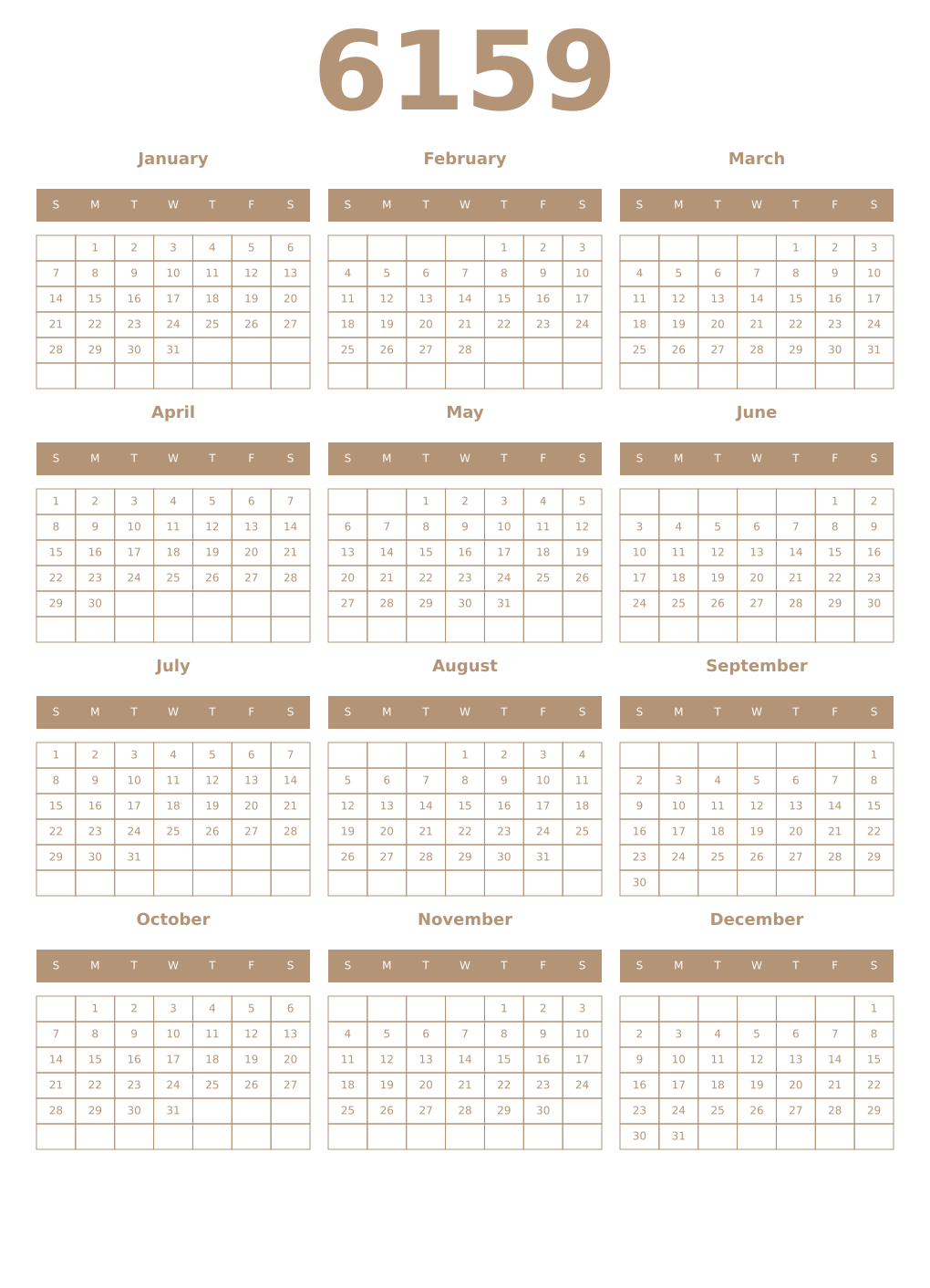 Printable 6159 Year Calendars isabelline