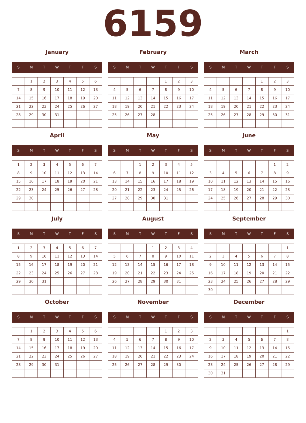 Printable 6159 Year Calendars mortuum