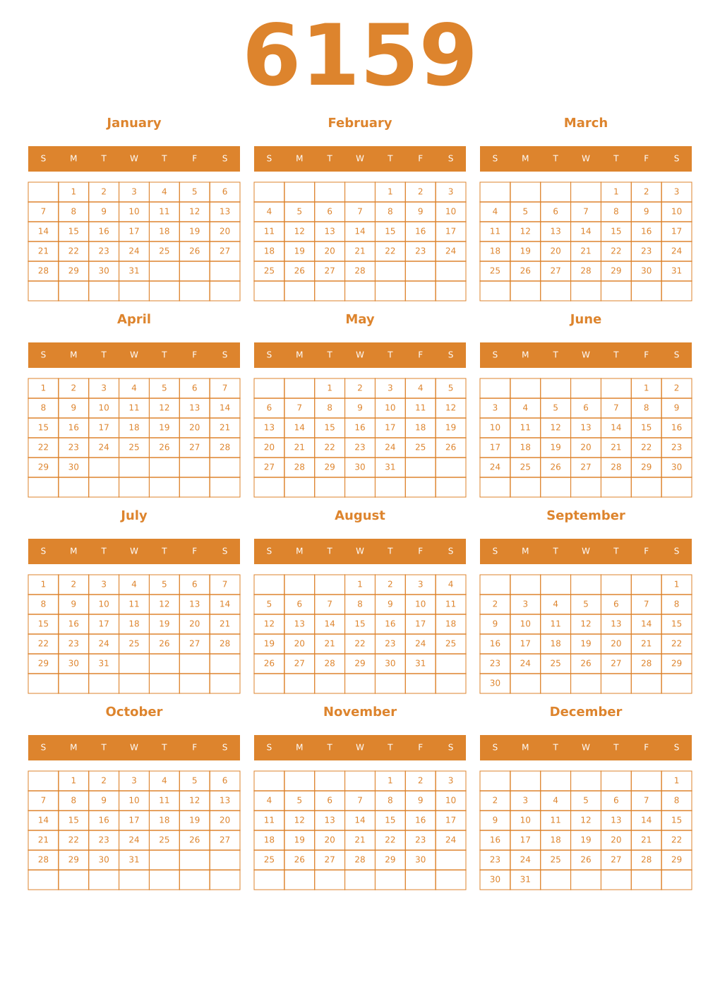 Printable 6159 Year Calendars orange