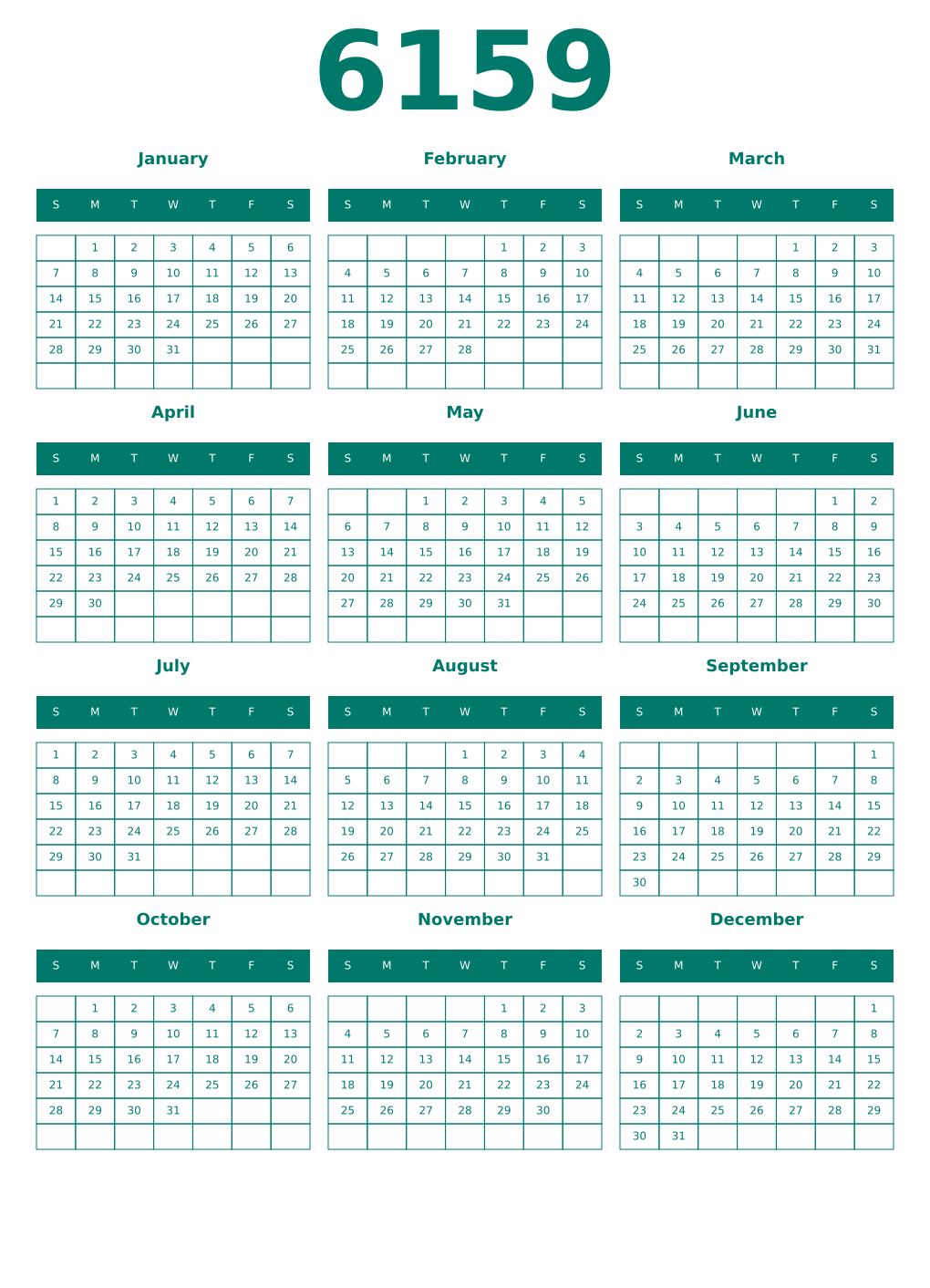 Printable 6159 Year Calendars pastel