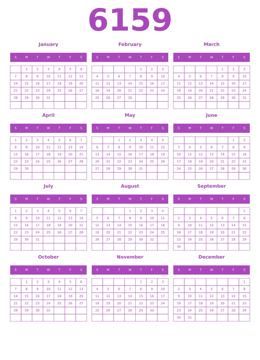 Printable 6159 Year Calendars purple