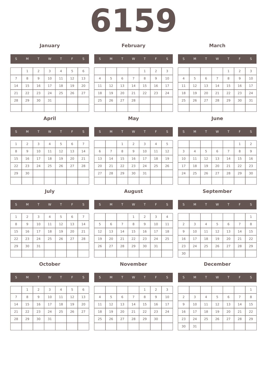 Printable 6159 Year Calendars wenge