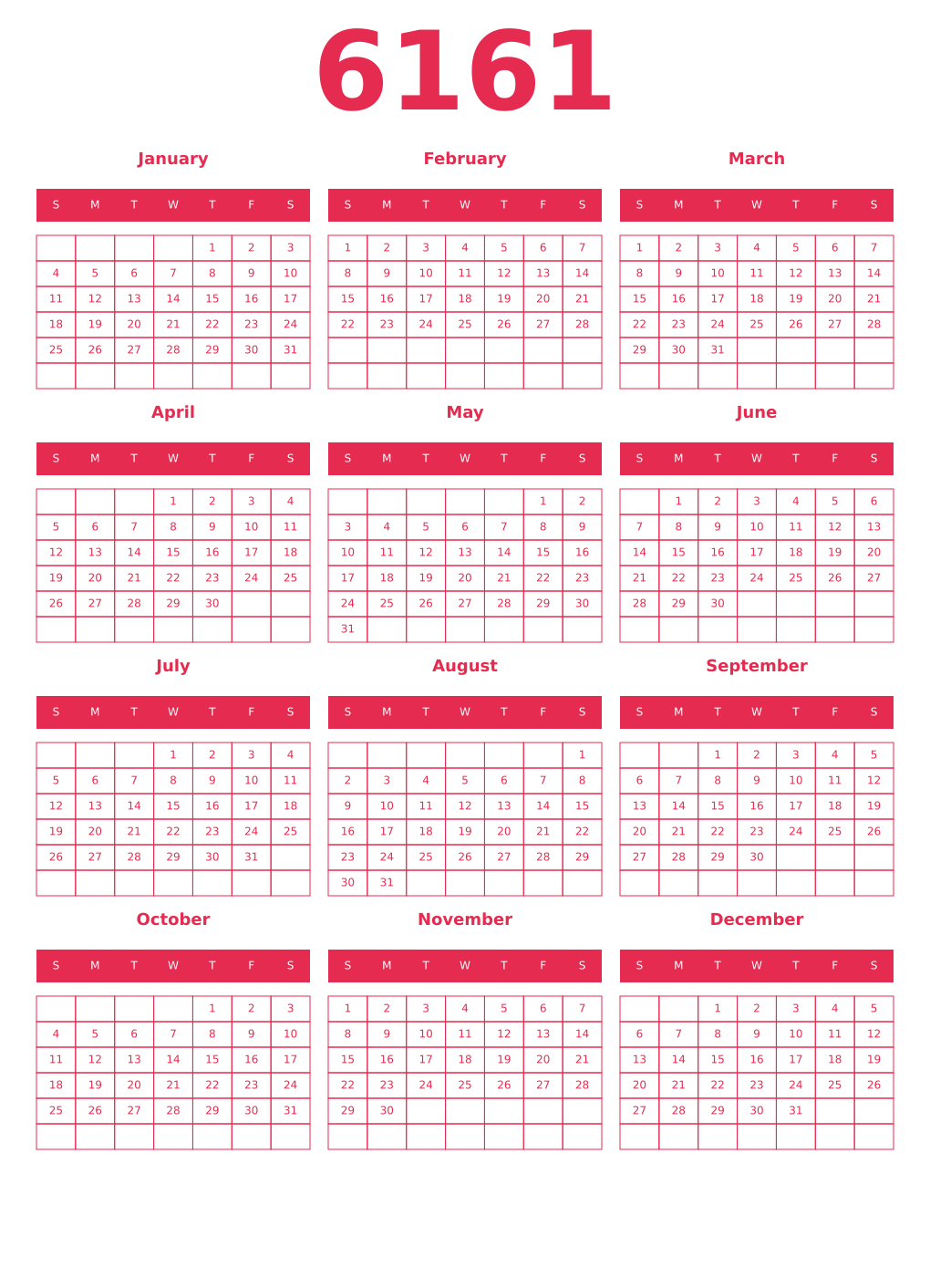 Printable 6161 Year Calendars amaranth