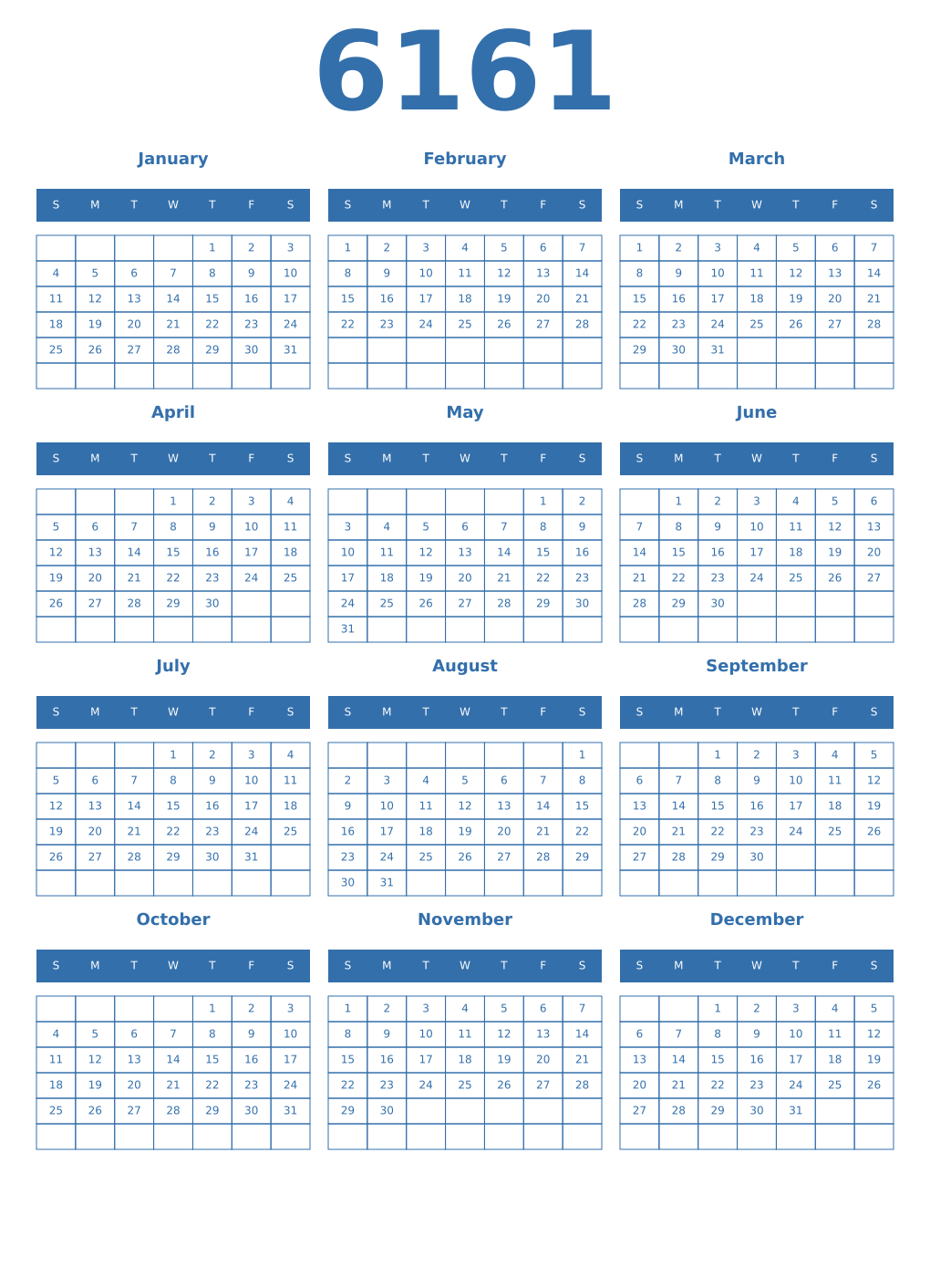 Printable 6161 Year Calendars blue