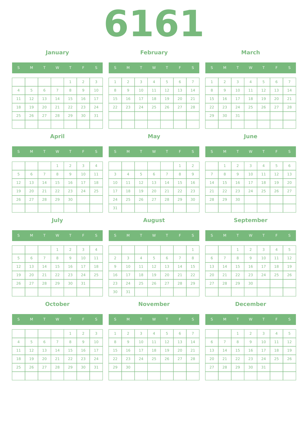 Printable 6161 Year Calendars celadon