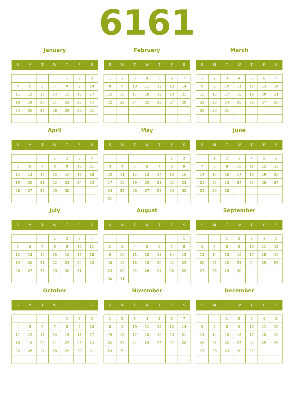 Printable 6161 Year Calendars chartreuse