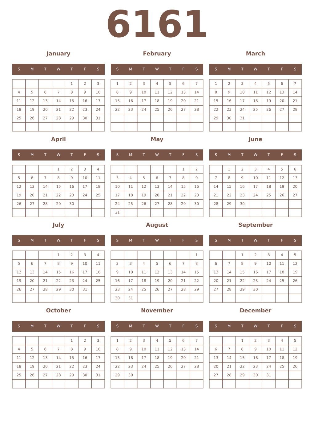 Printable 6161 Year Calendars coffe