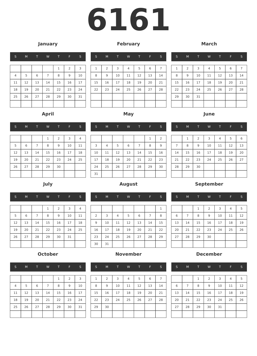 Printable 6161 Year Calendars dark