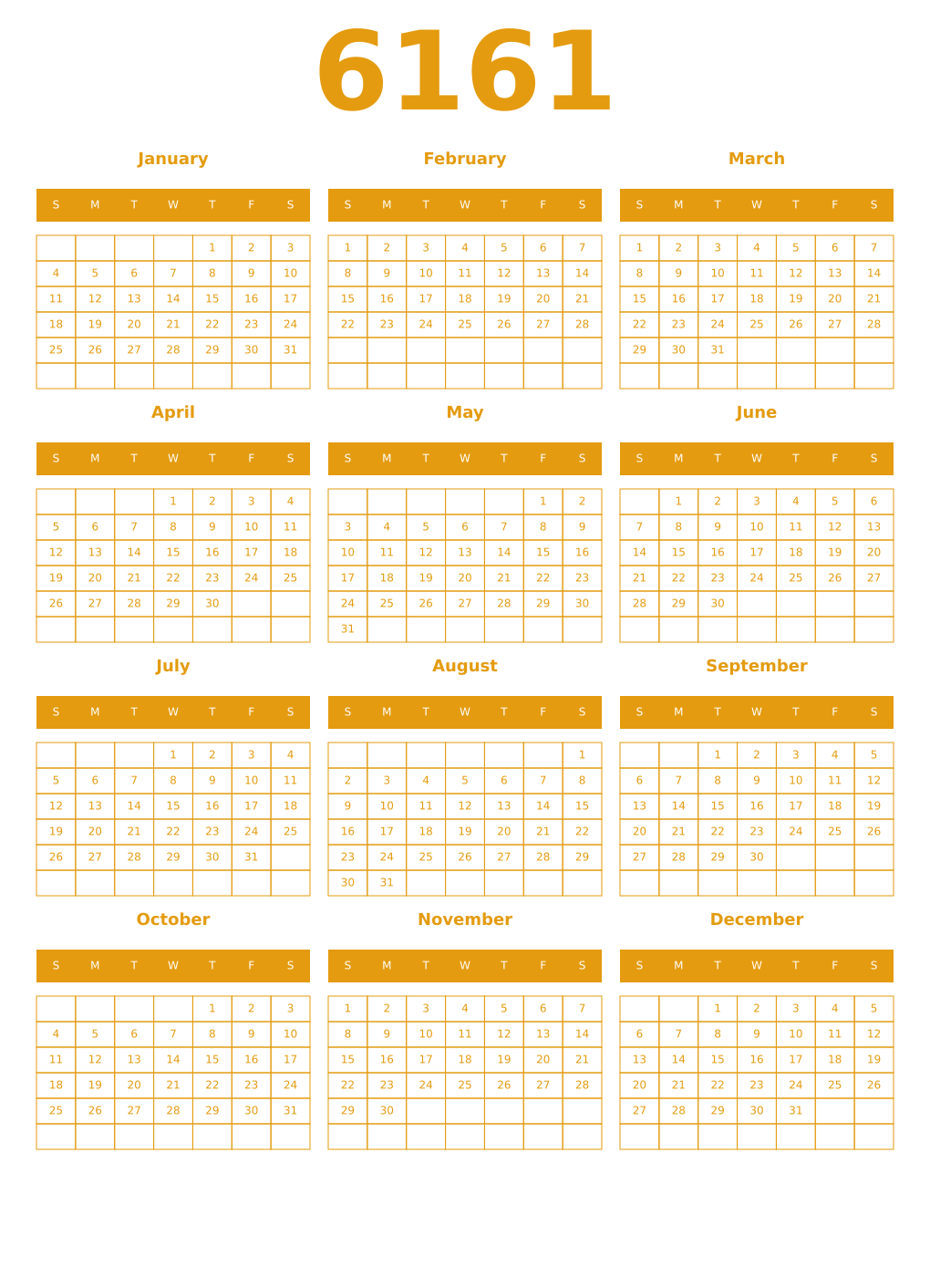 Printable 6161 Year Calendars gamboge
