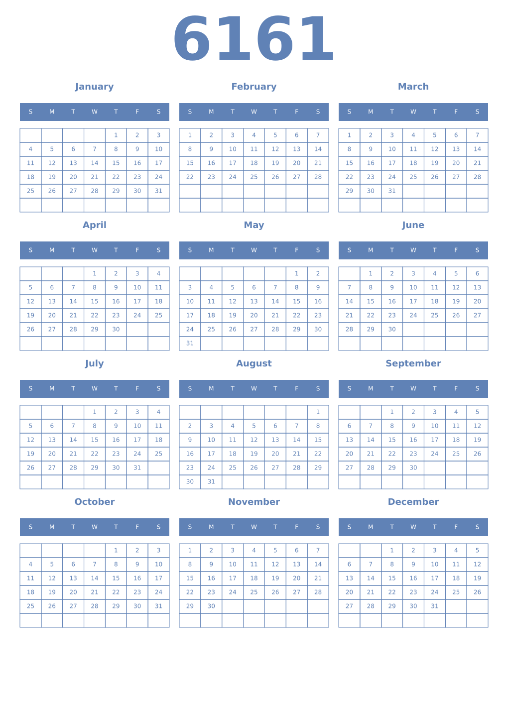 Printable 6161 Year Calendars glaucous