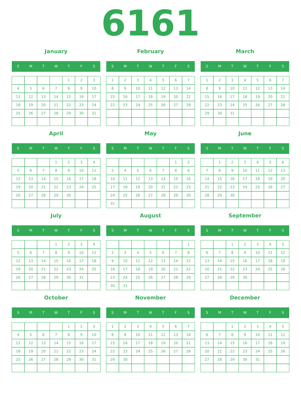 Printable 6161 Year Calendars green