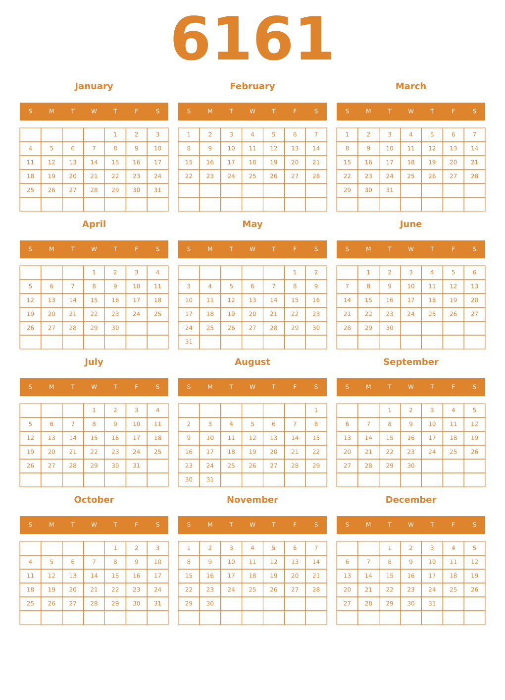 Printable 6161 Year Calendars orange