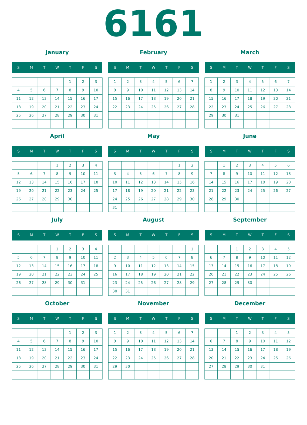 Printable 6161 Year Calendars pastel