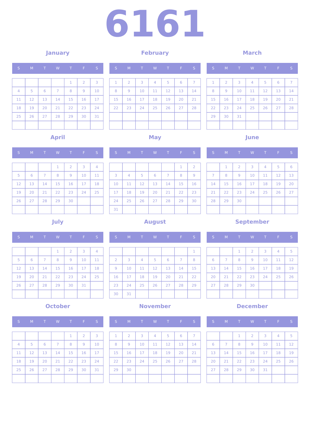 Printable 6161 Year Calendars periwinkle