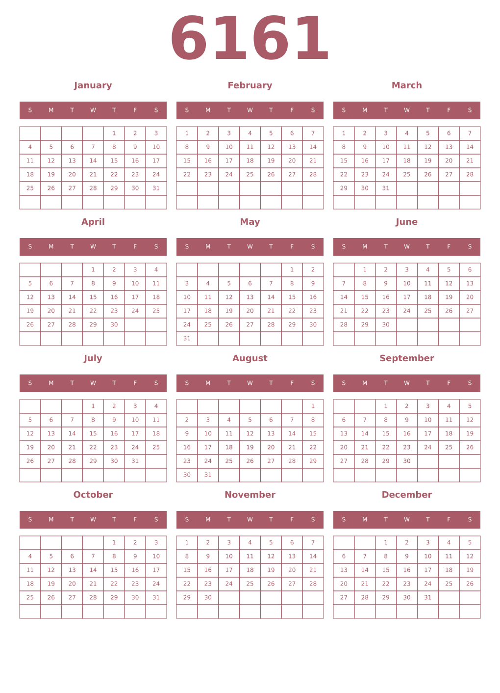 Printable 6161 Year Calendars puce