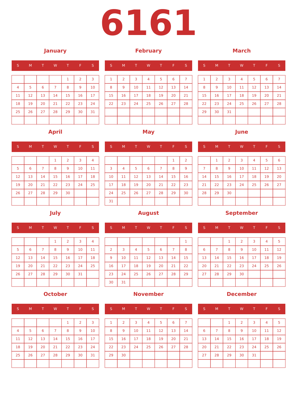 Printable 6161 Year Calendars red