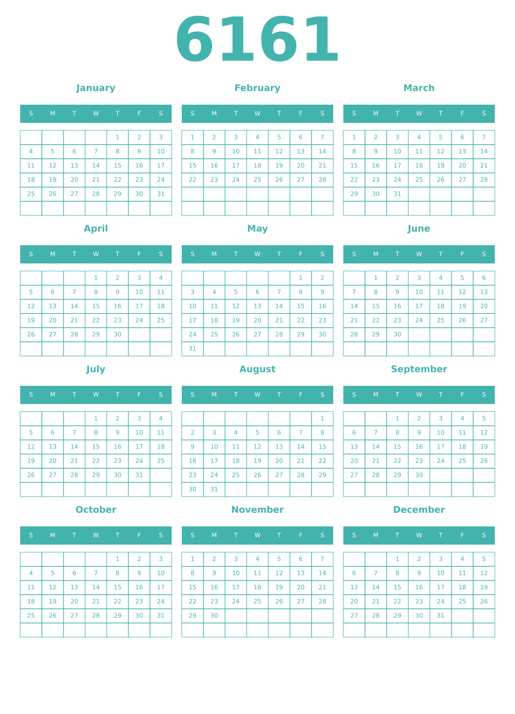 Printable 6161 Year Calendars verdigris