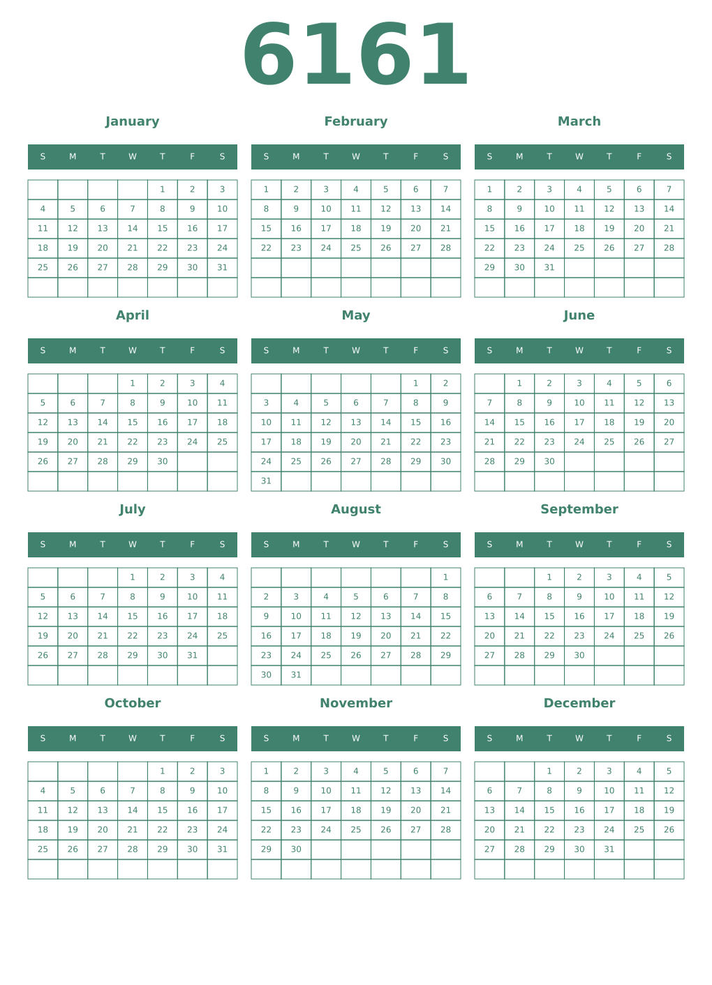 Printable 6161 Year Calendars viridian