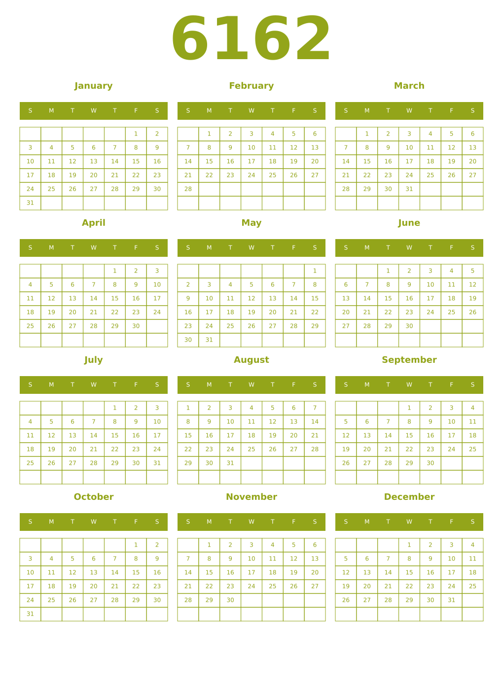 Printable 6162 Year Calendars chartreuse
