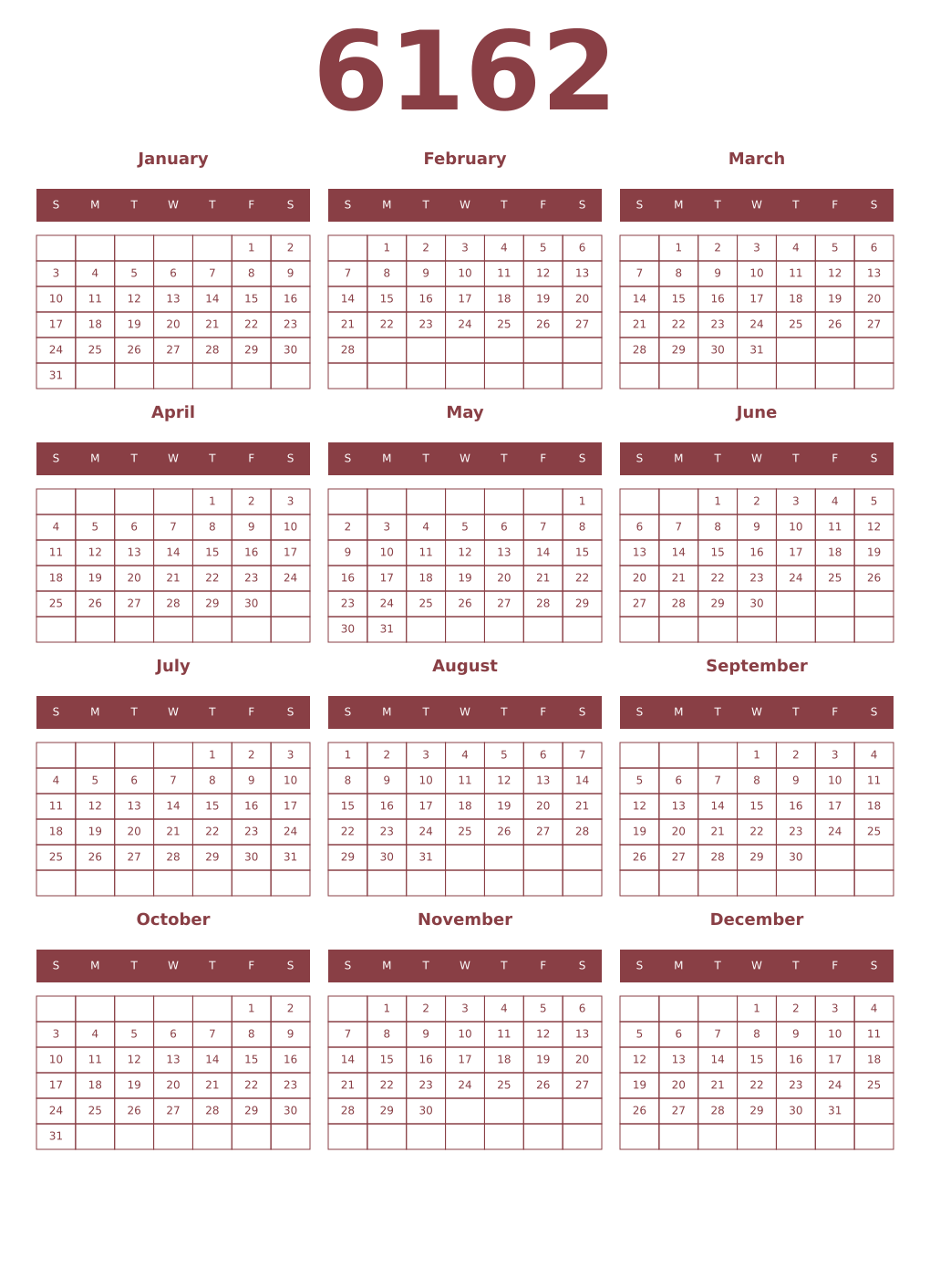 Printable 6162 Year Calendars cordovan