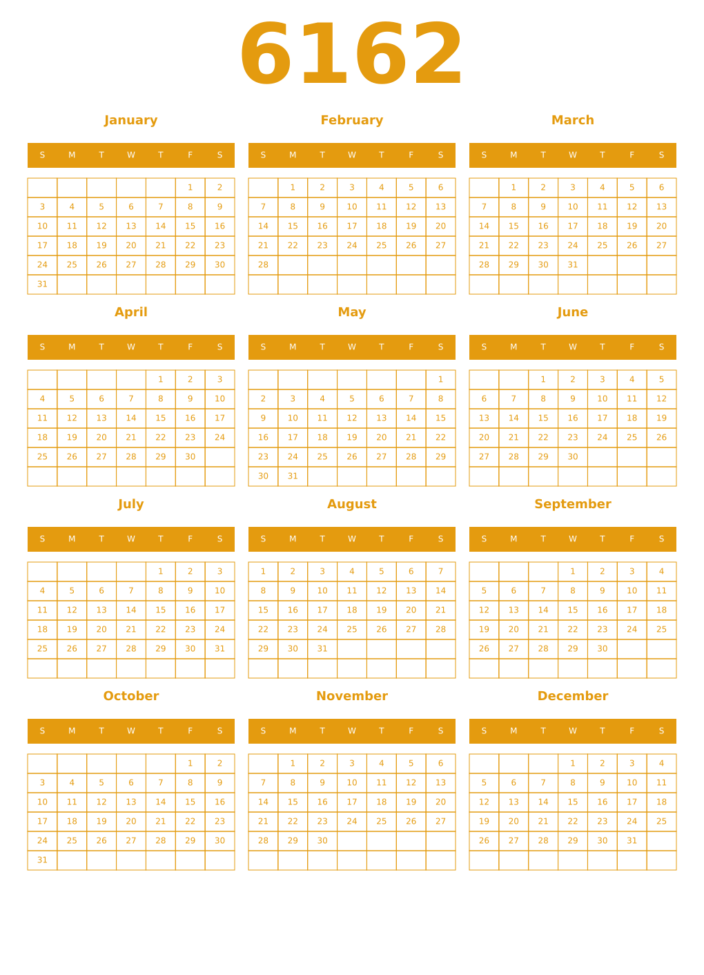Printable 6162 Year Calendars gamboge