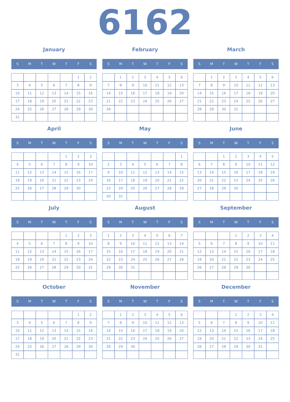 Printable 6162 Year Calendars glaucous
