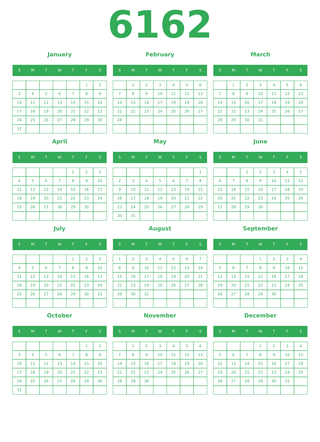 Printable 6162 Year Calendars green