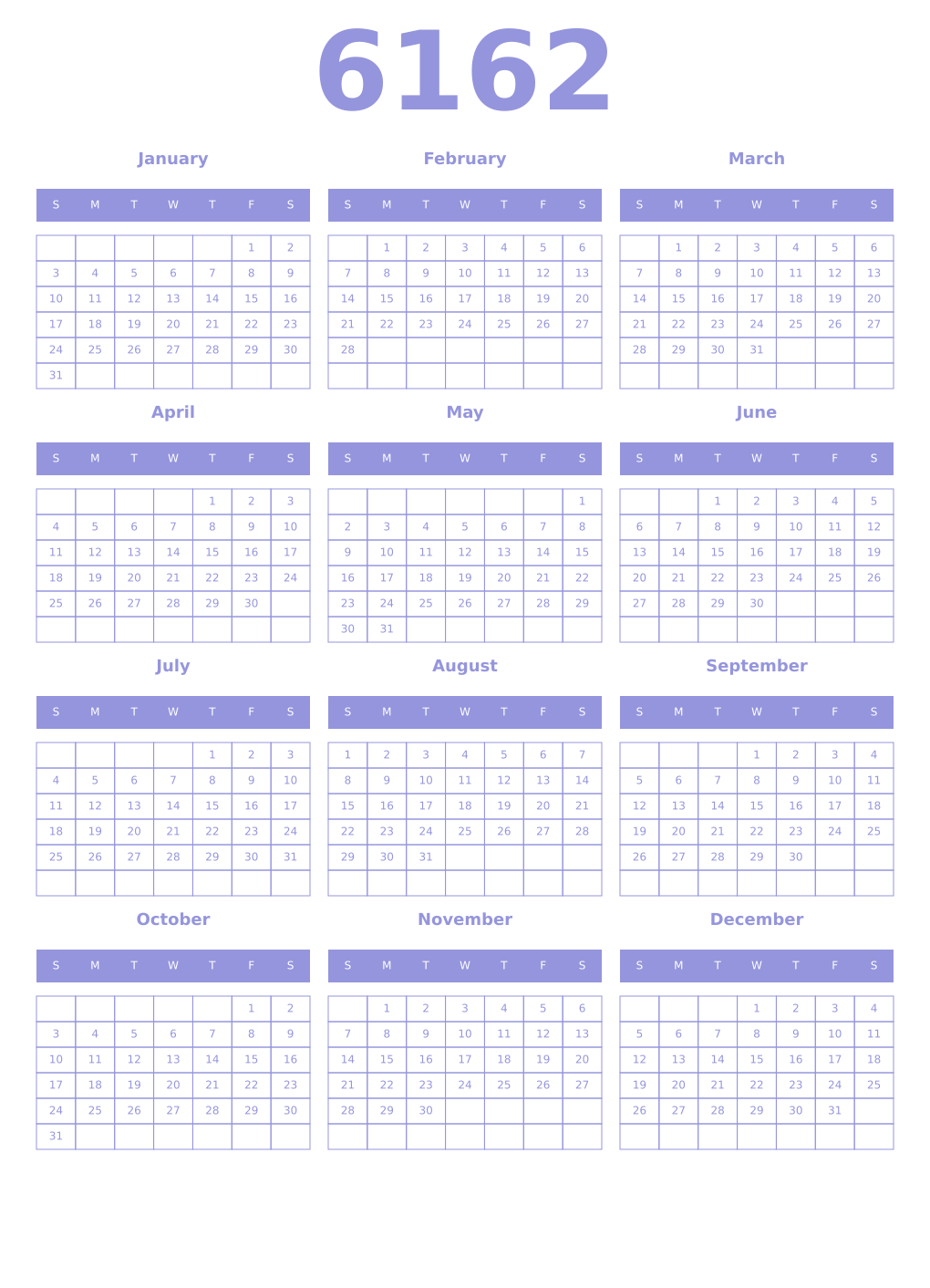 Printable 6162 Year Calendars periwinkle