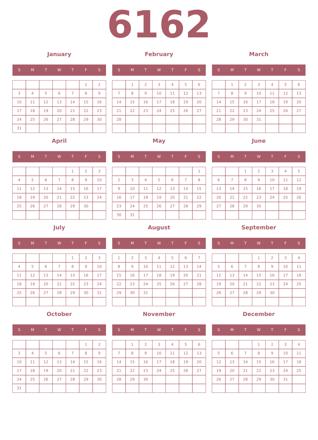 Printable 6162 Year Calendars puce