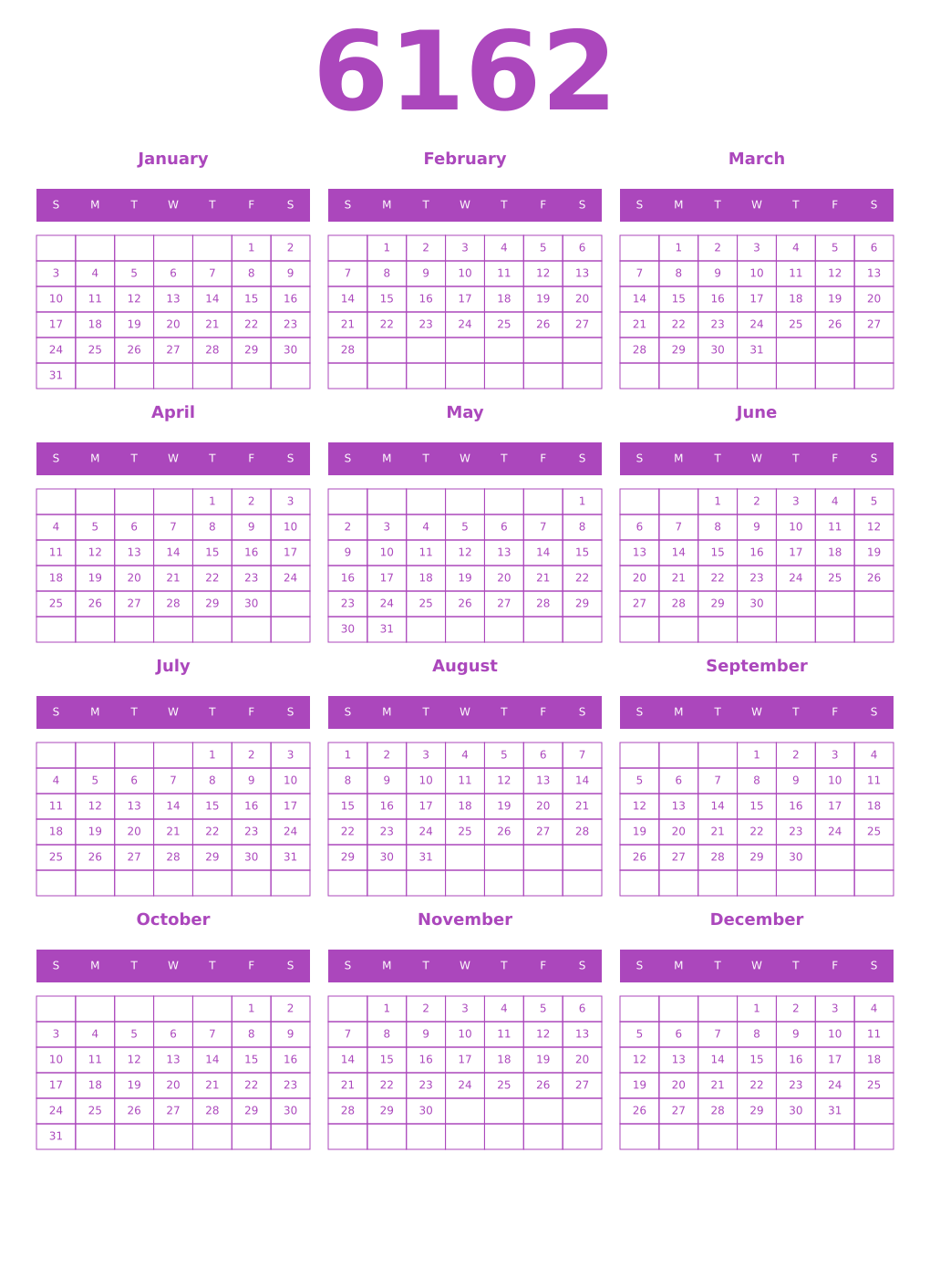 Printable 6162 Year Calendars purple