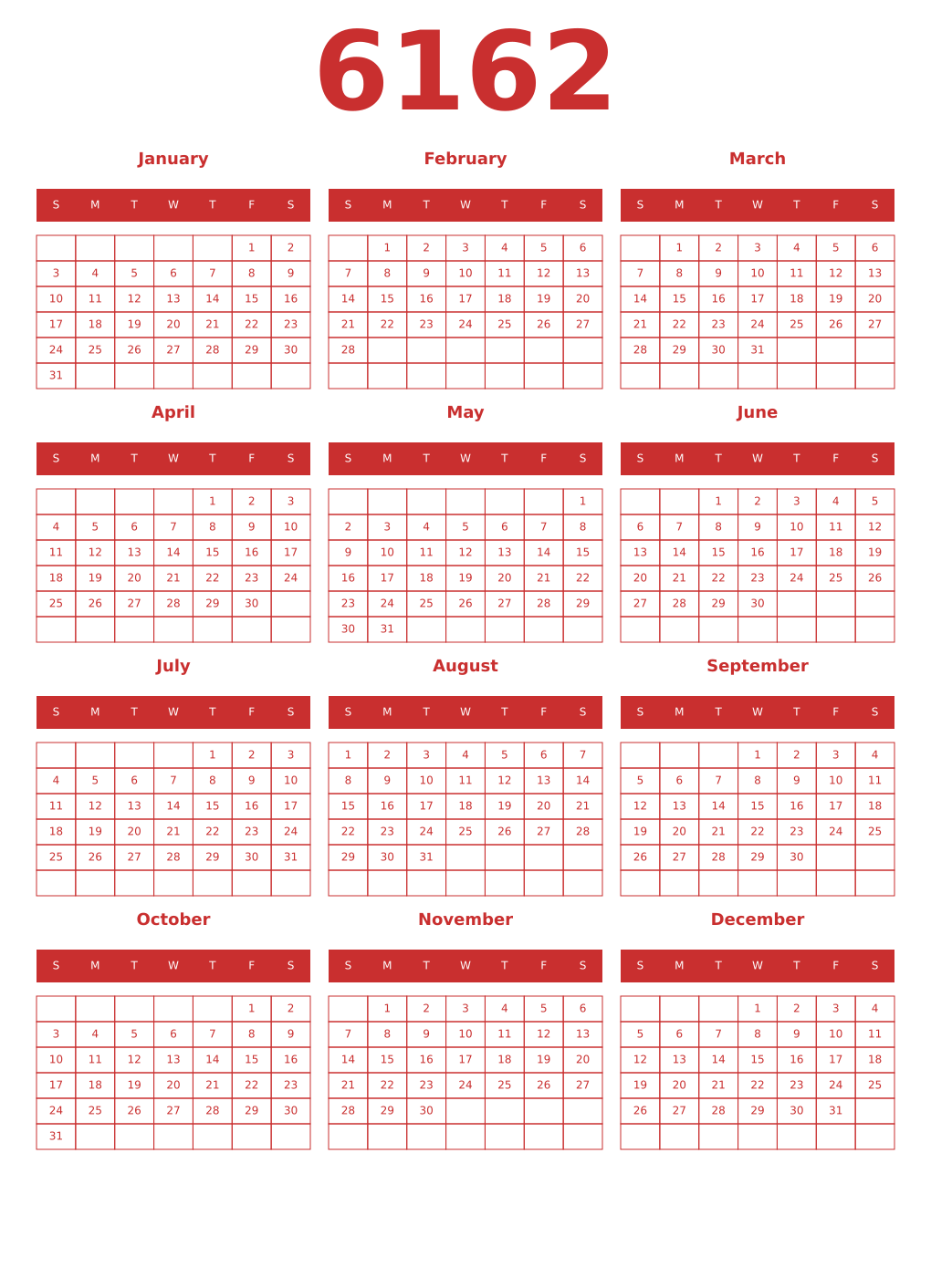 Printable 6162 Year Calendars red