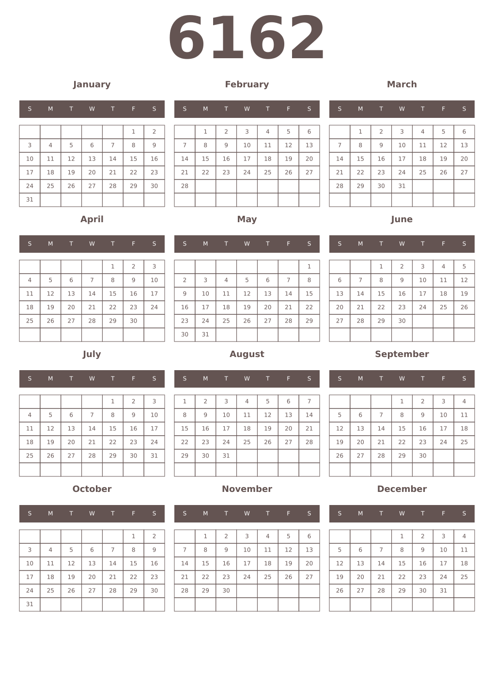 Printable 6162 Year Calendars wenge